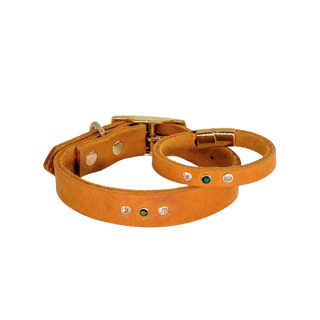 Partnerlook - Seelenband „Weitblick“ - Halsband und Armband - Cognac Leder mit Strassnieten