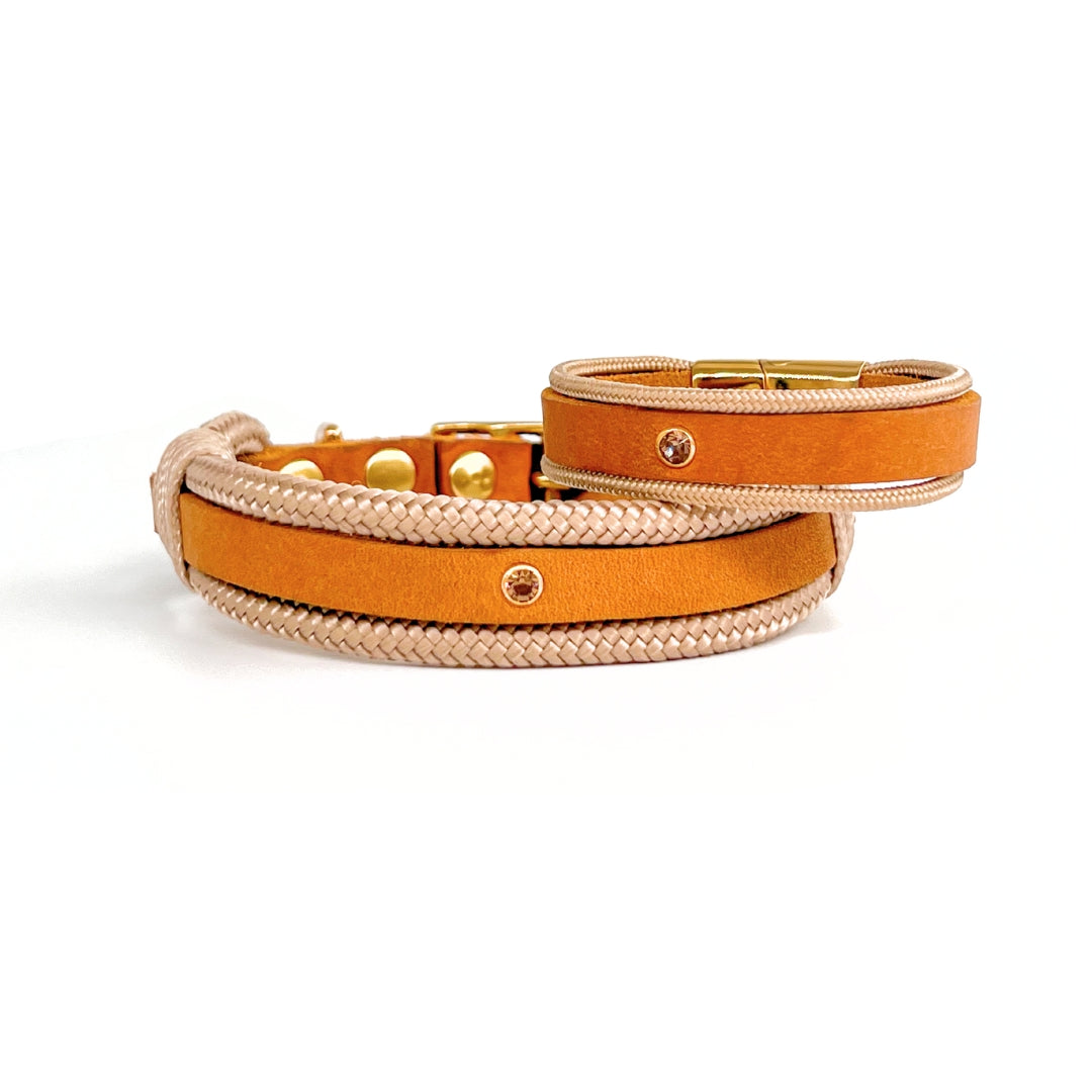 Partnerlook - Seelenband „Streifzug“ - Halsband und Armband - Cognac Leder x Creme