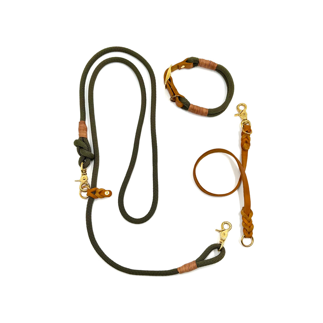 SET - Tauleine und Halsband "Waldgold" - waldgrün & cognac