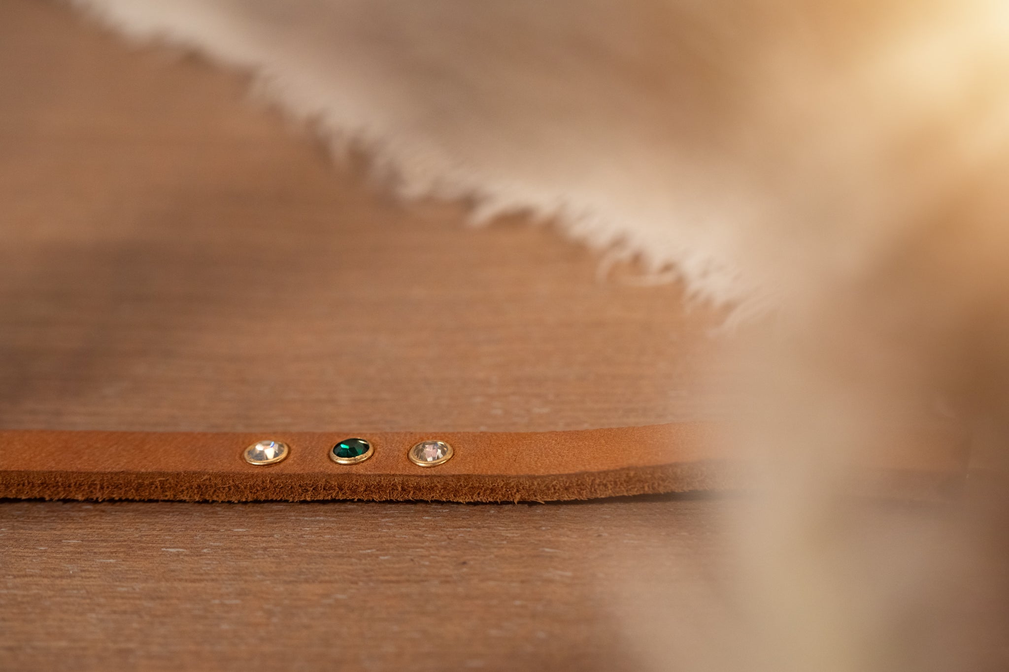 Partnerlook Set - „Weitblick“ - Halsband und Armband - Cognac Leder mit Strassnieten