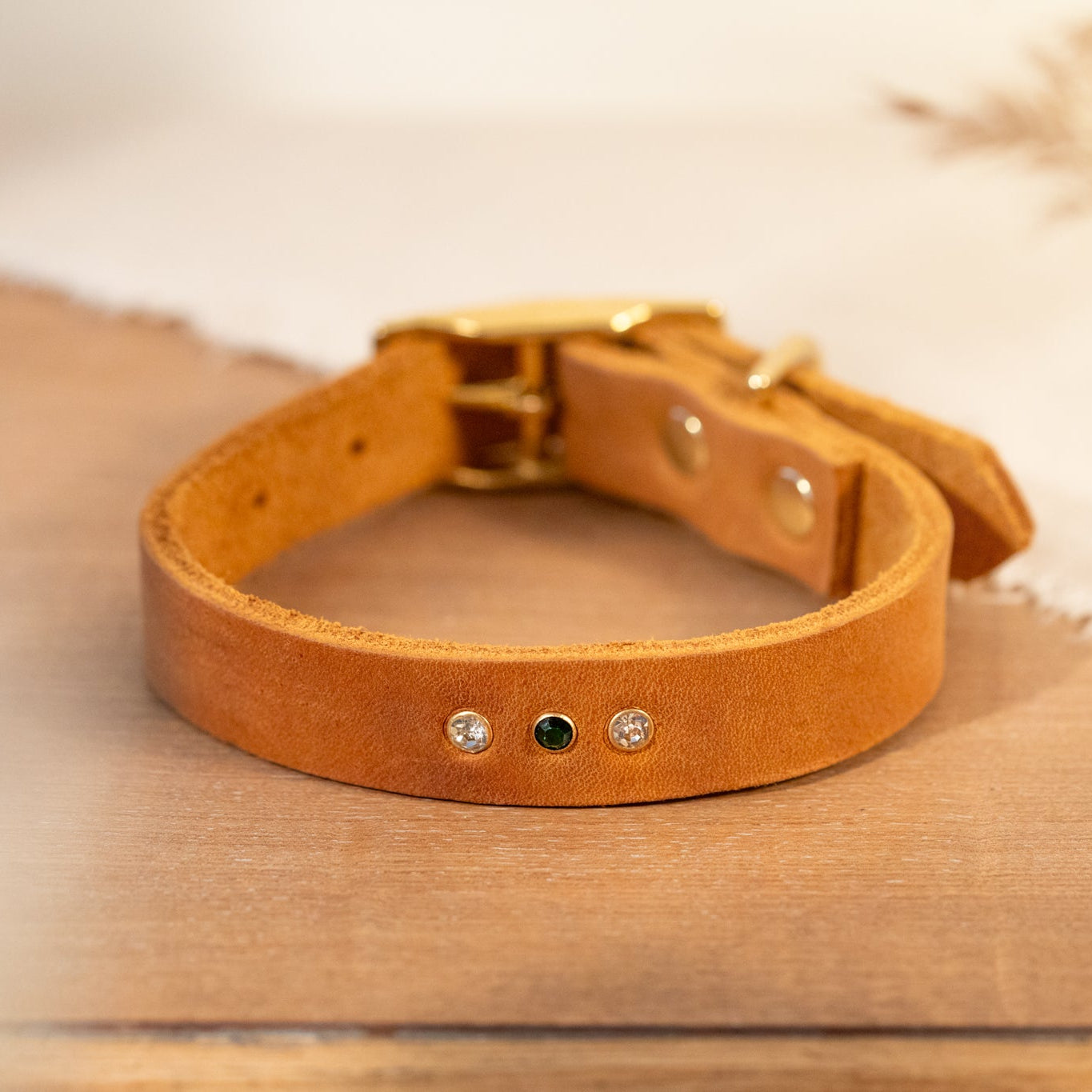 Partnerlook Set - „Weitblick“ - Halsband und Armband - Cognac Leder mit Strassnieten