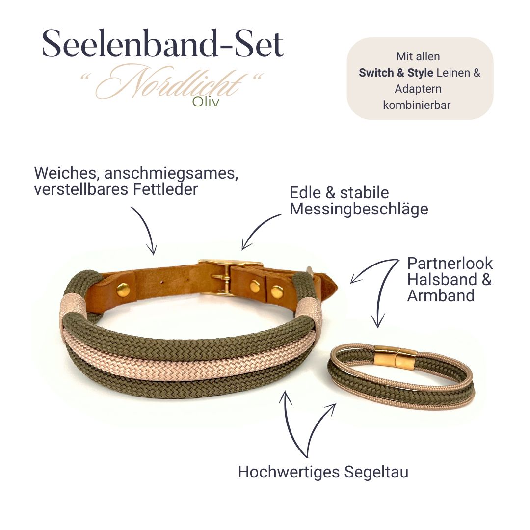 Partnerlook - Seelenband „Nordlicht“ - Halsband und Armband - Oliv-Creme