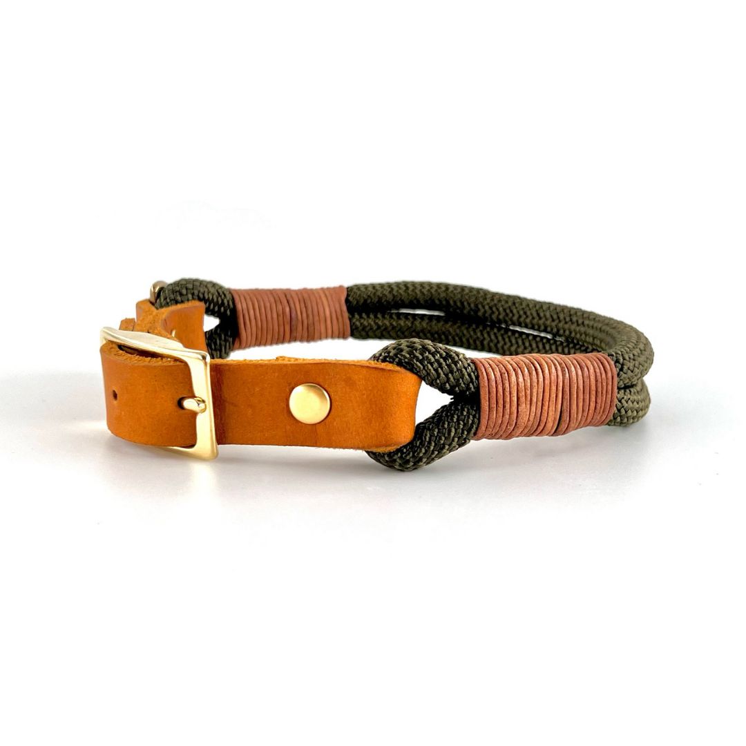 SET - Tauleine und Halsband "Waldgold" - waldgrün & cognac