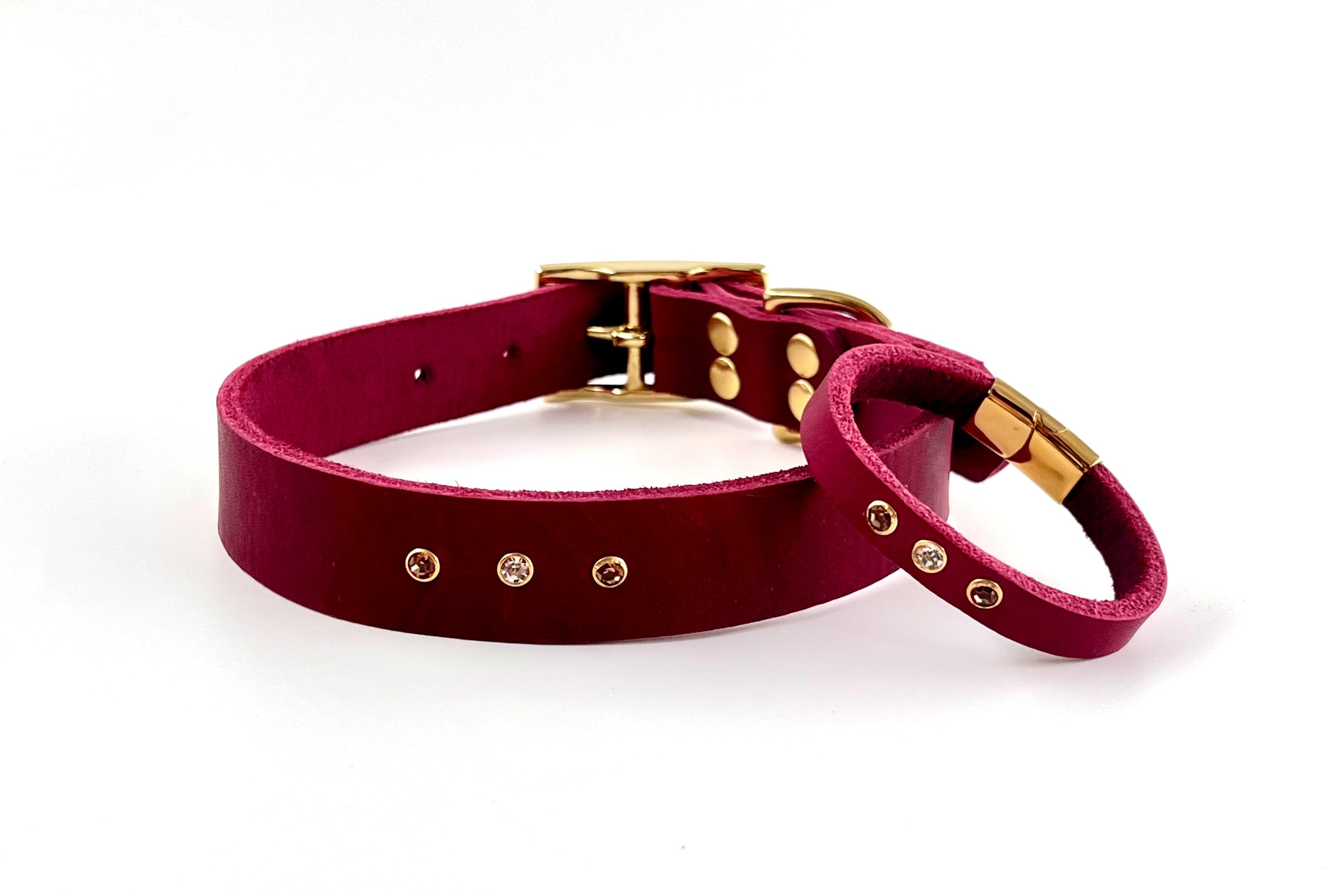 Partnerlook Set - Tova - Bordeaux Leder STRASS - Halsband und Armband