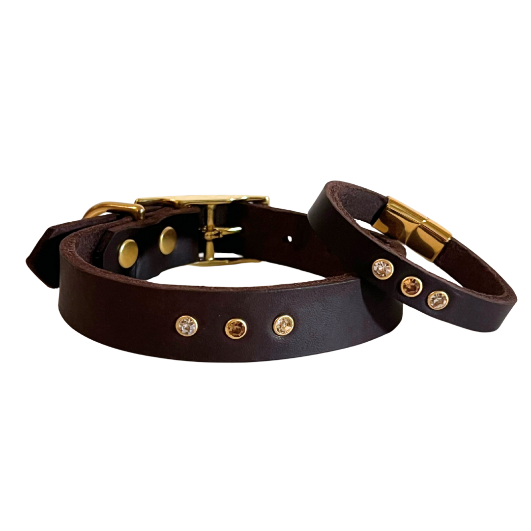 Partnerlook Set - Tova - Mocca Leder STRASS - Halsband und Armband