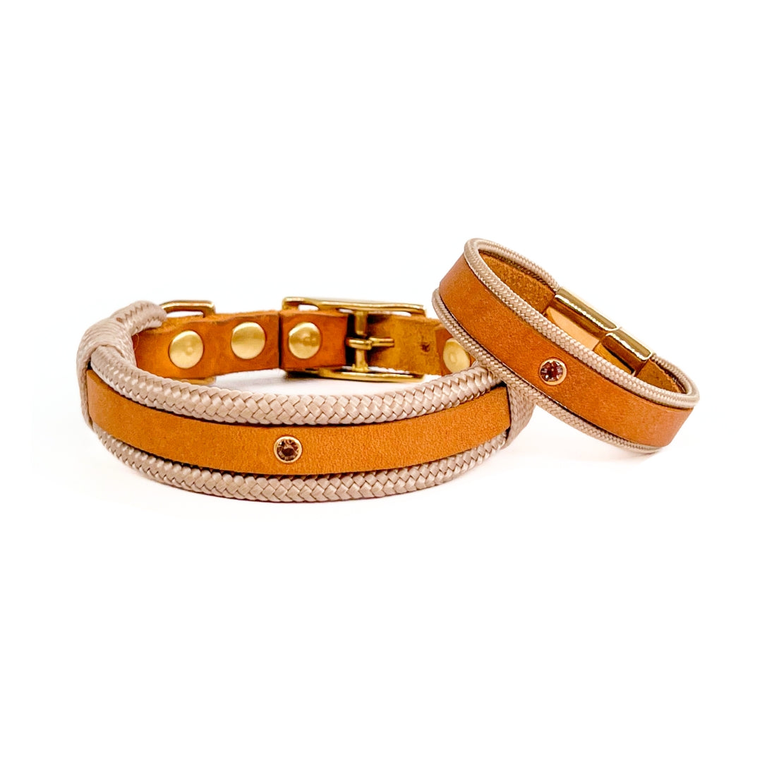 Partnerlook - Seelenband „Streifzug“ - Halsband und Armband - Cognac Leder x Creme