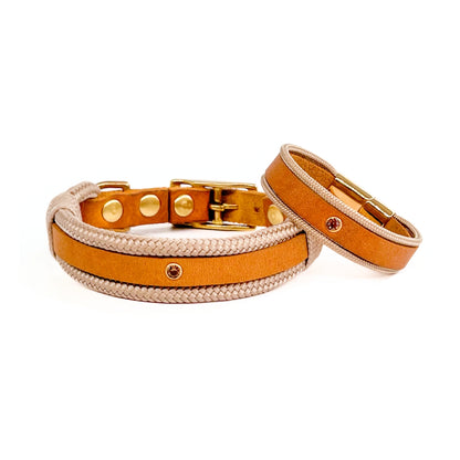 Partnerlook - Seelenband „Streifzug“ - Halsband und Armband - Cognac Leder x Creme