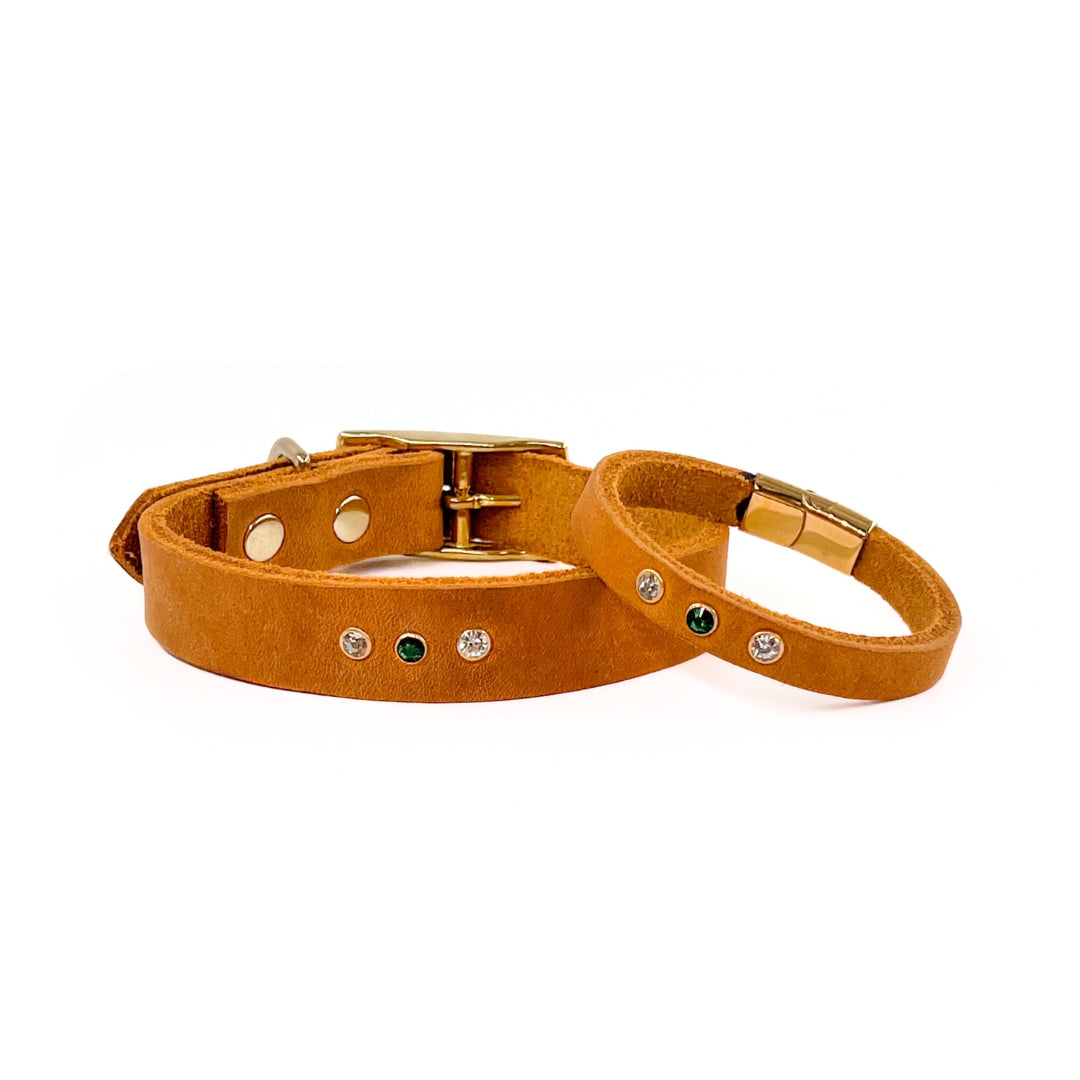Partnerlook - Seelenband „Weitblick“ - Halsband und Armband - Cognac Leder mit Strassnieten