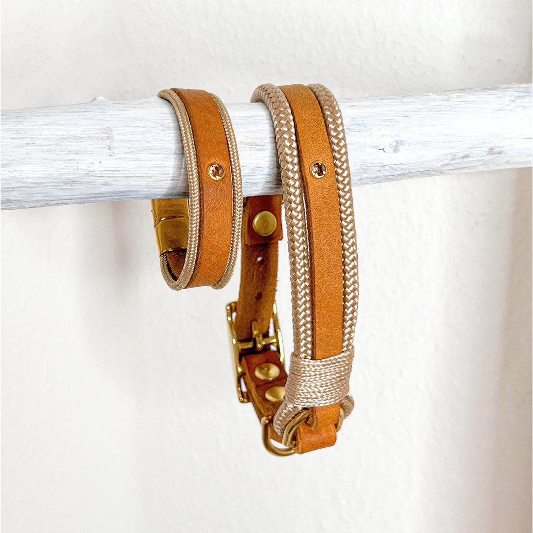 Partnerlook - Seelenband „Streifzug“ - Halsband und Armband - Cognac Leder x Creme