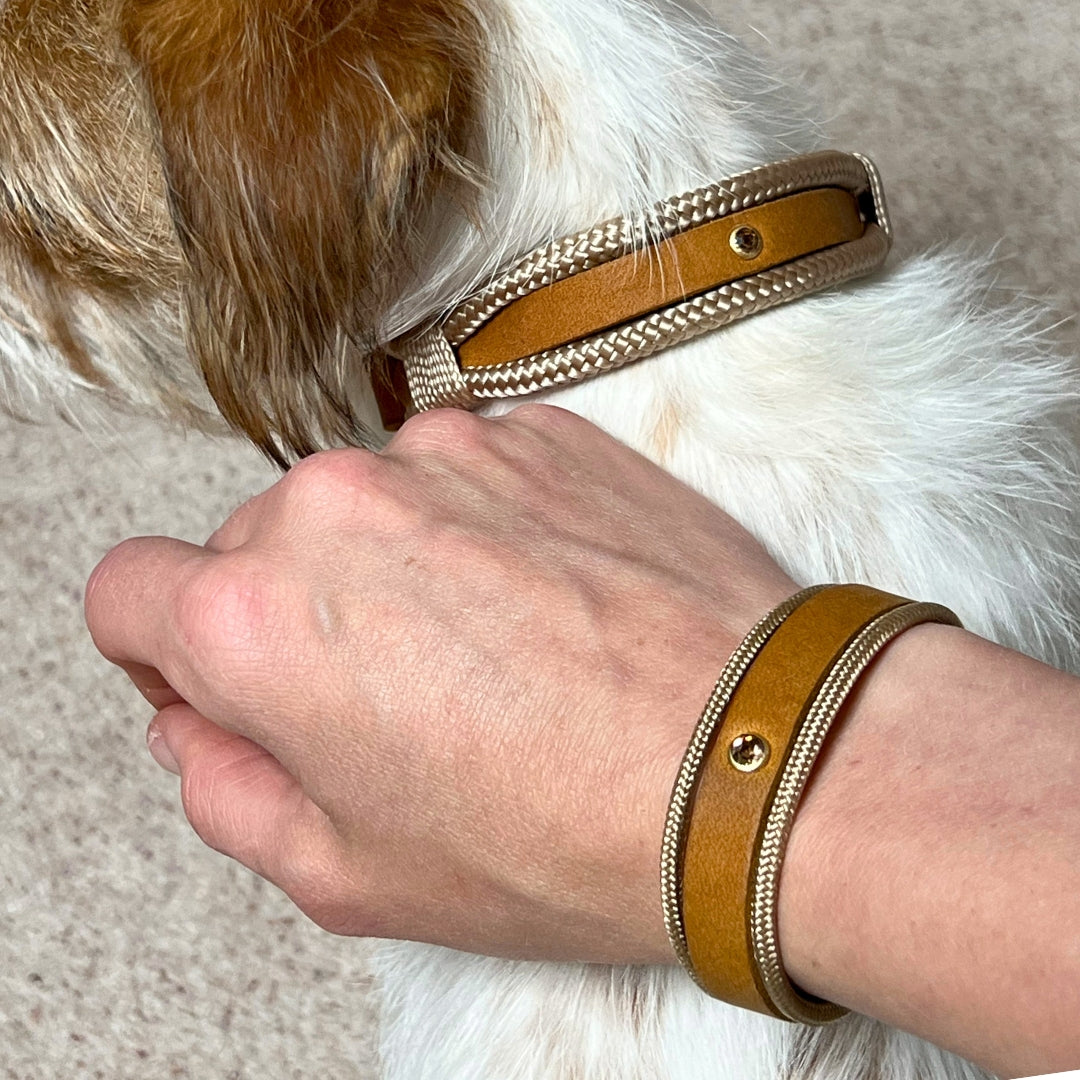 Partnerlook - Seelenband „Streifzug“ - Halsband und Armband - Cognac Leder x Creme
