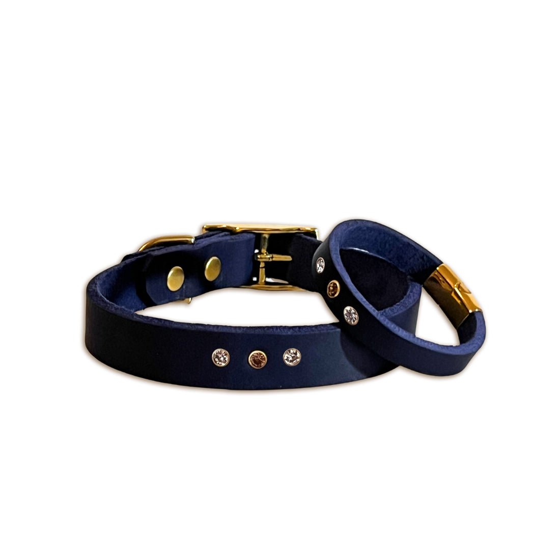 Partnerlook Set - Tova - Marine Leder STRASS - Halsband und Armband