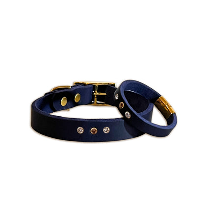 Partnerlook Set - Tova - Marine Leder STRASS - Halsband und Armband