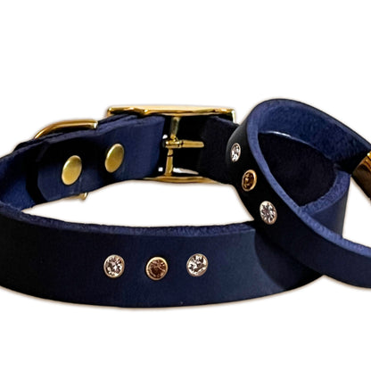 Partnerlook Set - Tova - Marine Leder STRASS - Halsband und Armband