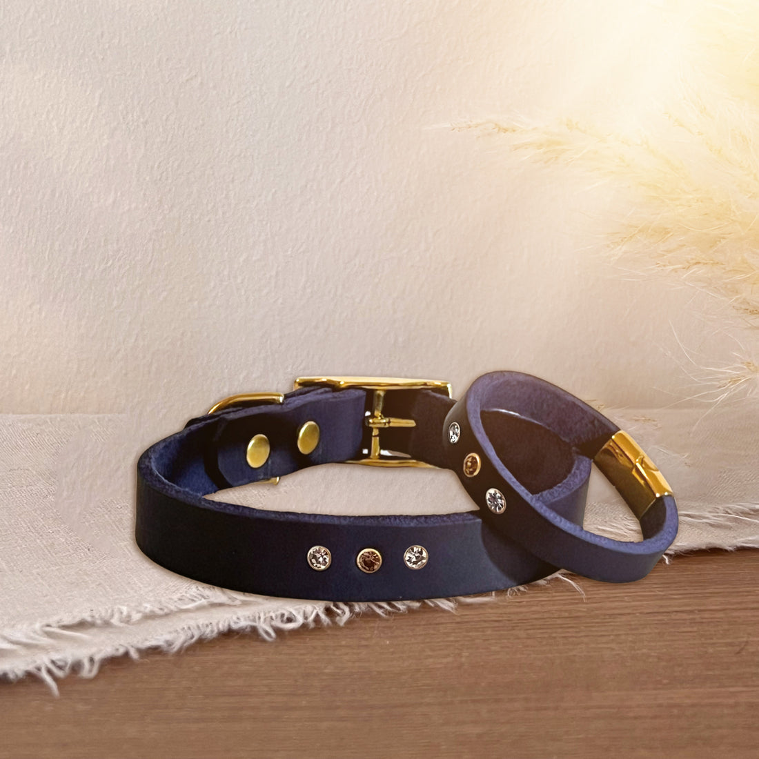 Partnerlook Set - Tova - Marine Leder STRASS - Halsband und Armband