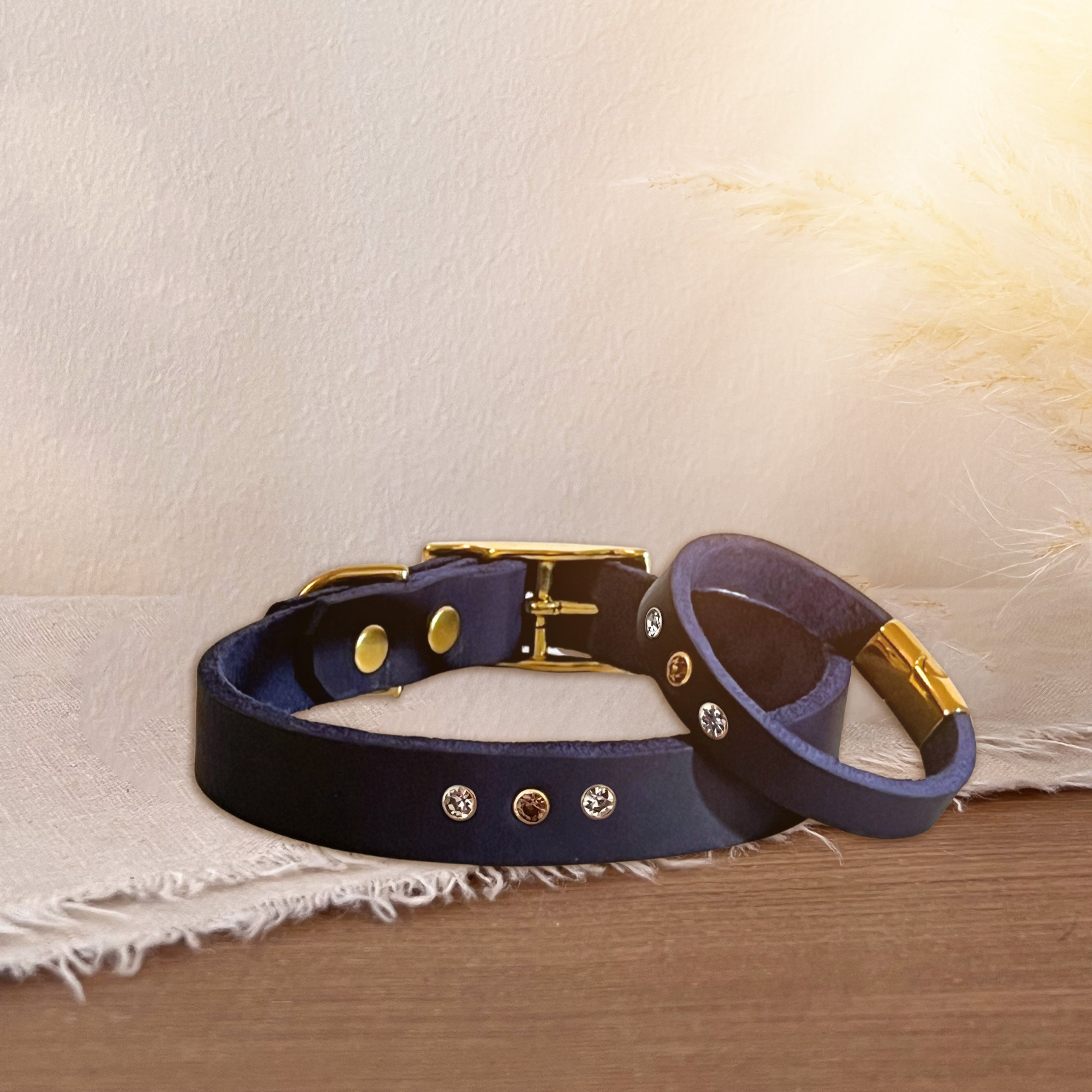 Partnerlook Set - Tova - Marine Leder STRASS - Halsband und Armband