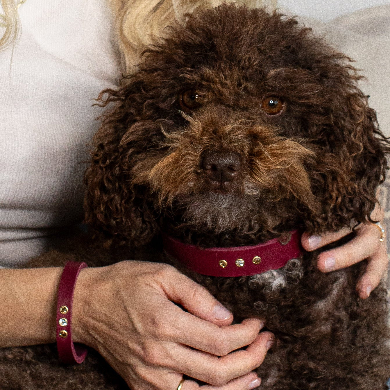 Partnerlook Set - Tova - Bordeaux Leder STRASS - Halsband und Armband