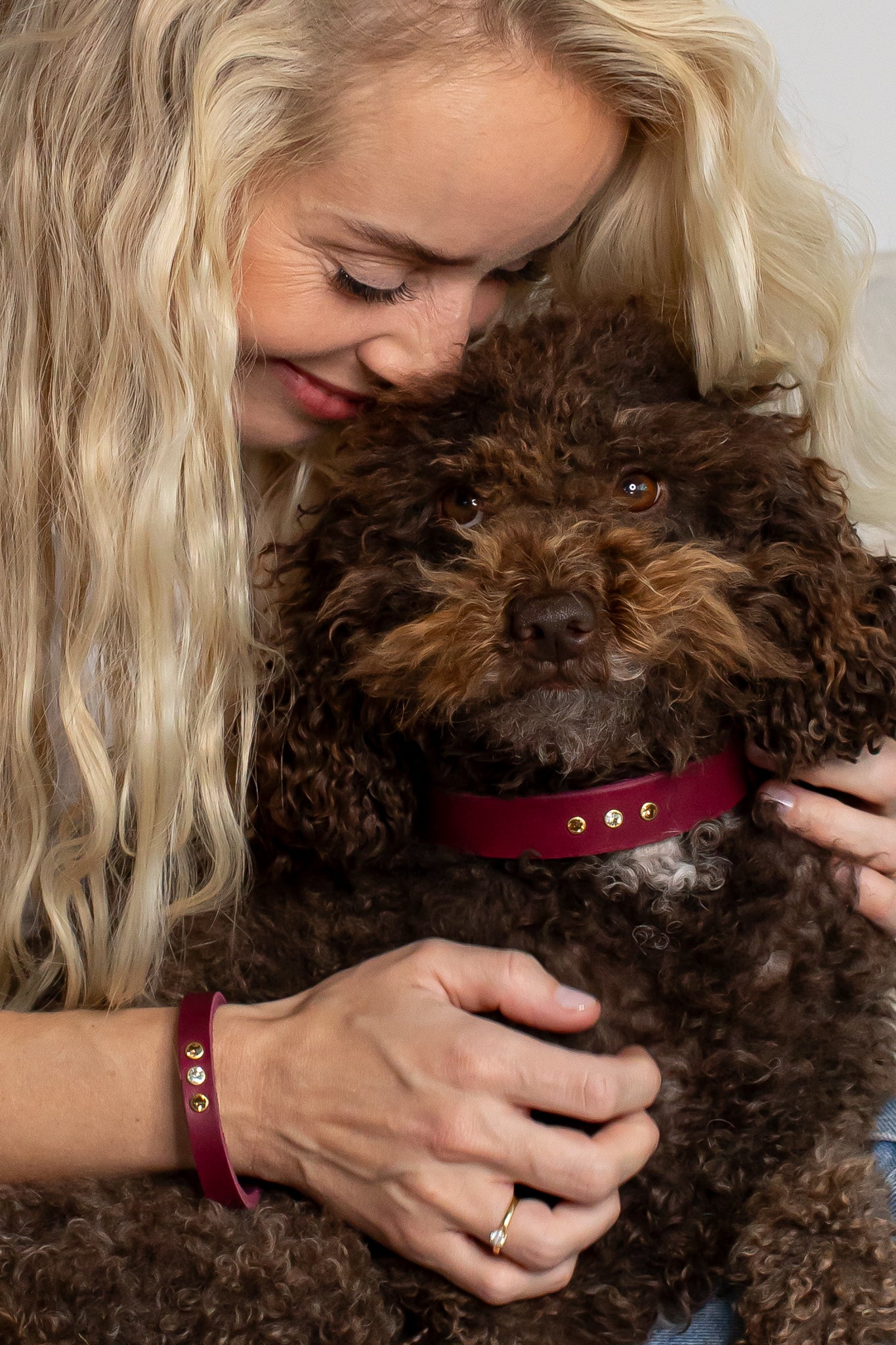 Partnerlook Set - Tova - Bordeaux Leder STRASS - Halsband und Armband