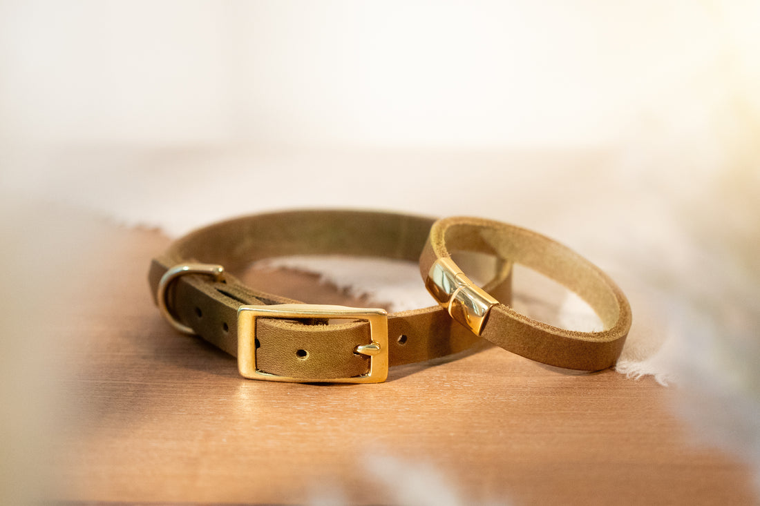 Partnerlook Set - Tova - Oliv Leder PUR - Halsband und Armband