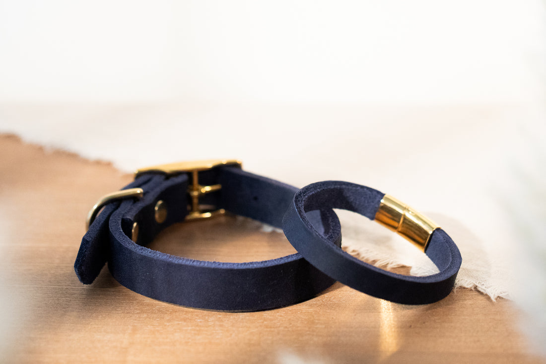 Partnerlook Set - Tova - Marine Leder PUR - Halsband und Armband