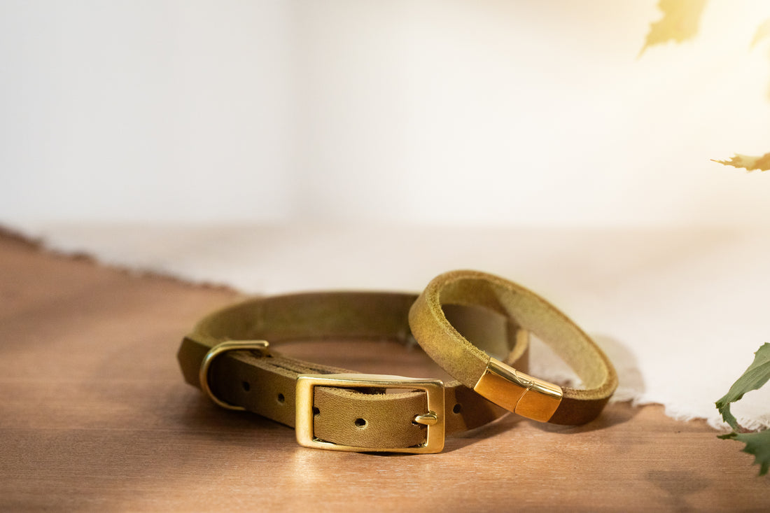 Partnerlook Set - Tova - Oliv Leder PUR - Halsband und Armband