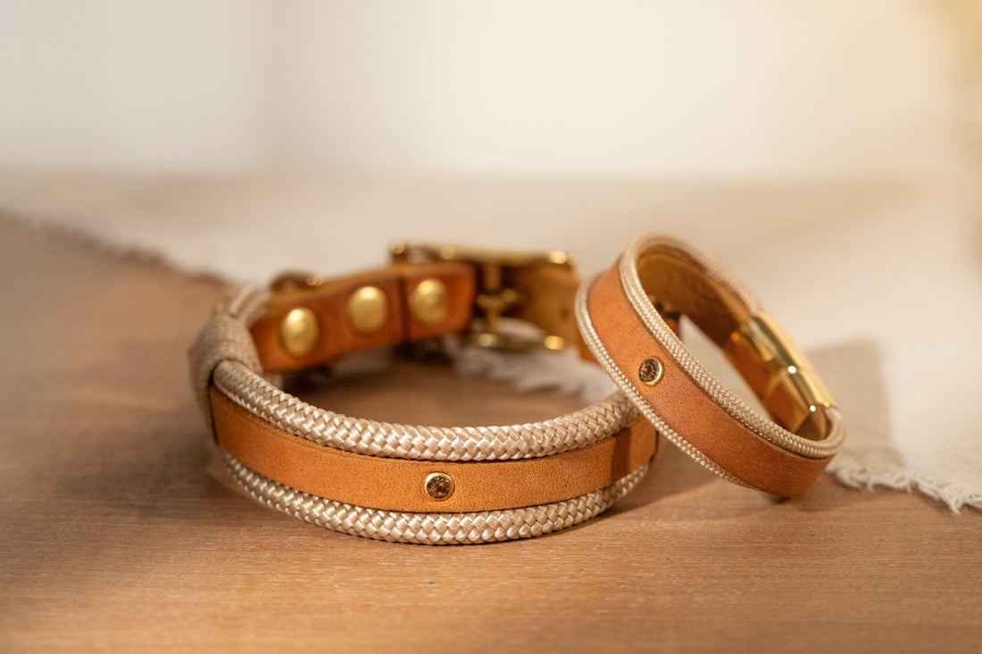 Partnerlook Set - &quot;Lykke&quot; cognac Leder x creme - Halsband und Armband
