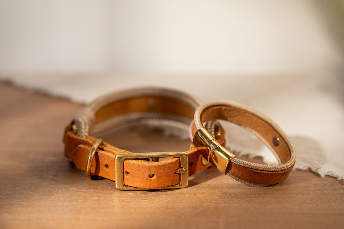Partnerlook Set - &quot;Lykke&quot; cognac Leder x creme - Halsband und Armband