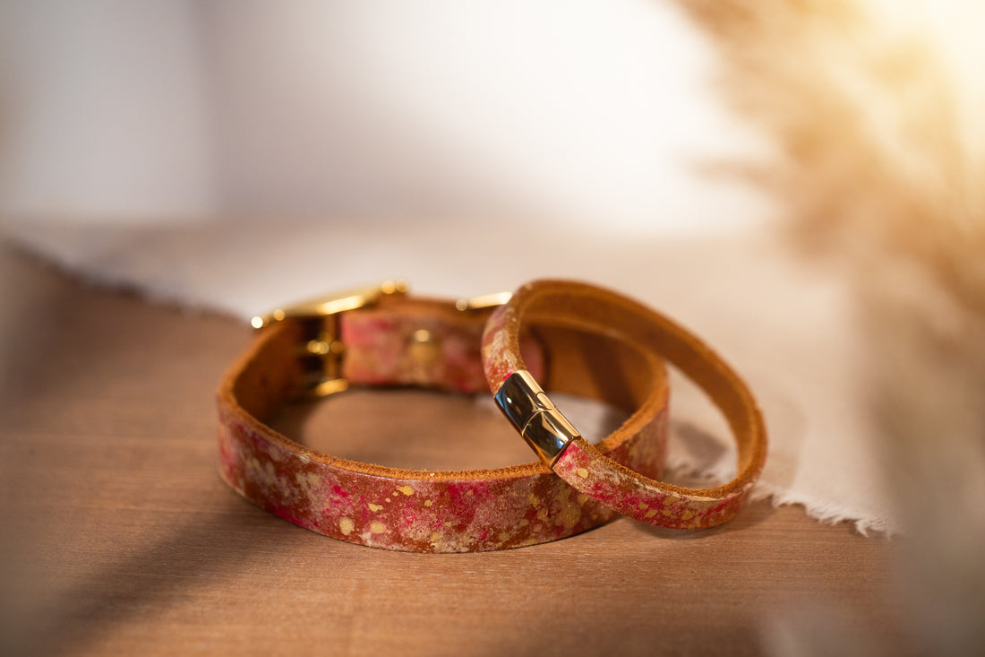 Partnerlook Set - Tillit- Cognac Leder veredelt - Himbeer x gold - Halsband und Armband