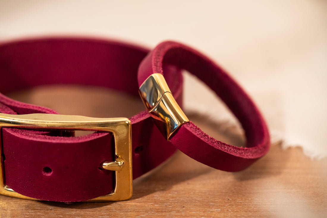 Partnerlook Set - Tova - Bordeaux Leder PUR - Halsband und Armband