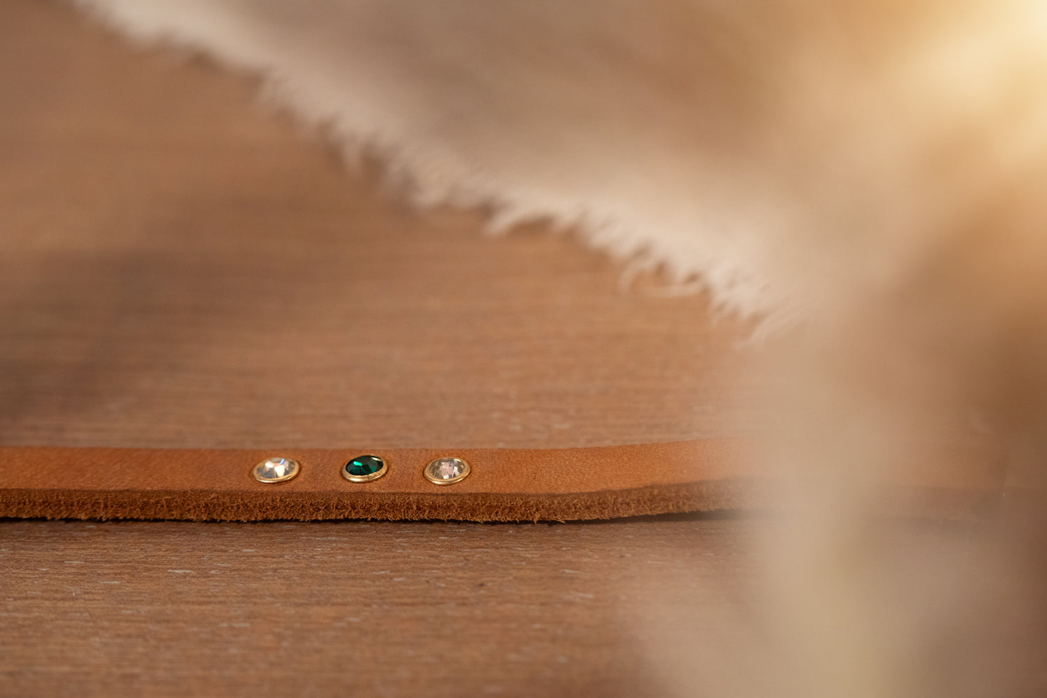 Partnerlook Set - „Weitblick“ - Halsband und Armband - Cognac Leder mit Strassnieten