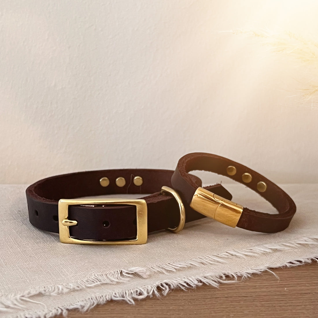 Partnerlook Set - Tova - Mocca Leder STRASS - Halsband und Armband