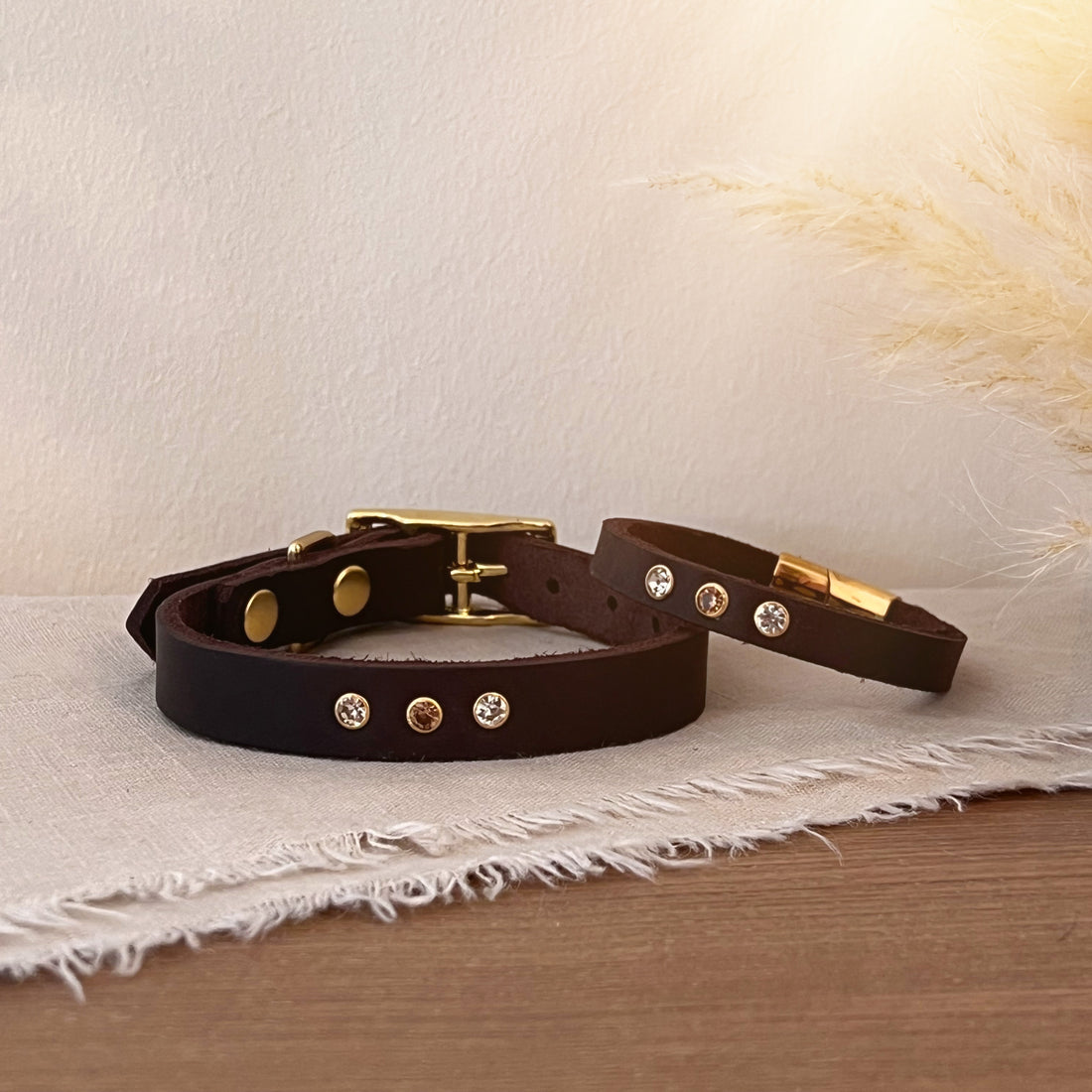 Partnerlook Set - Tova - Mocca Leder STRASS - Halsband und Armband