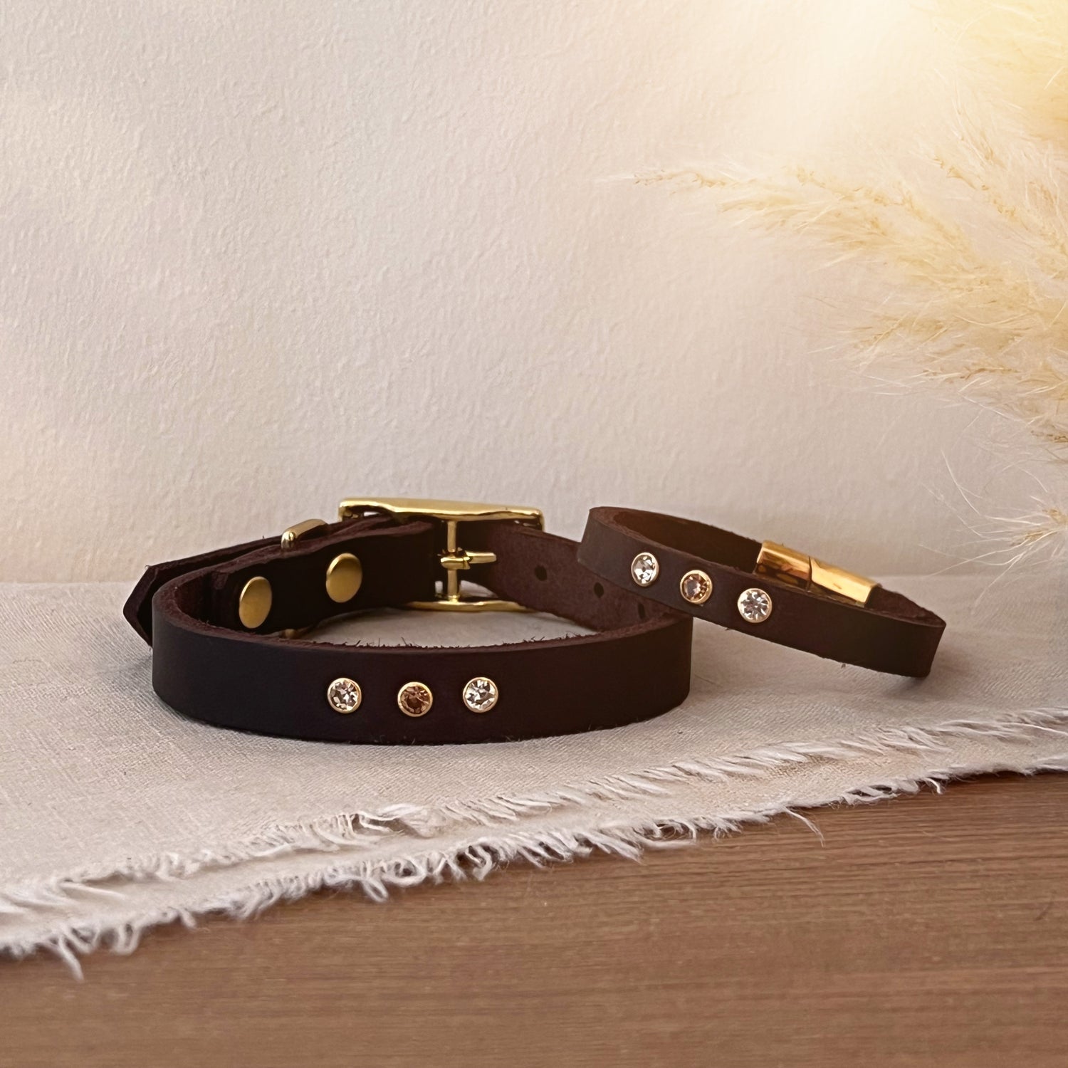 Partnerlook Set - Tova - Mocca Leder STRASS - Halsband und Armband