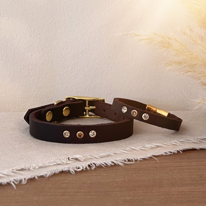 Partnerlook Set - Tova - Mocca Leder STRASS - Halsband und Armband