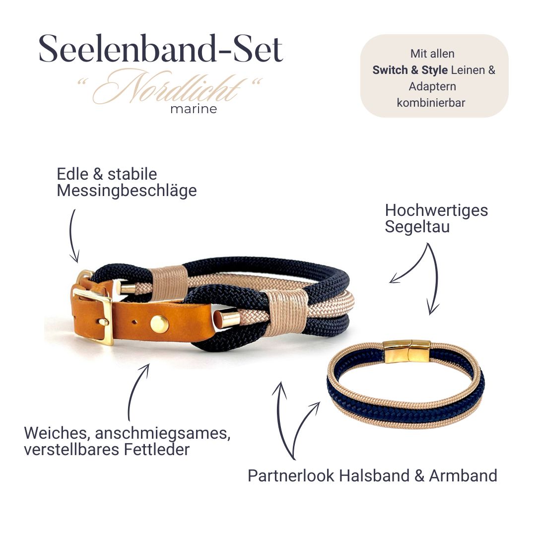 Partnerlook - Seelenband „Nordlicht“ - Halsband und Armband - Dunkelblau-Creme