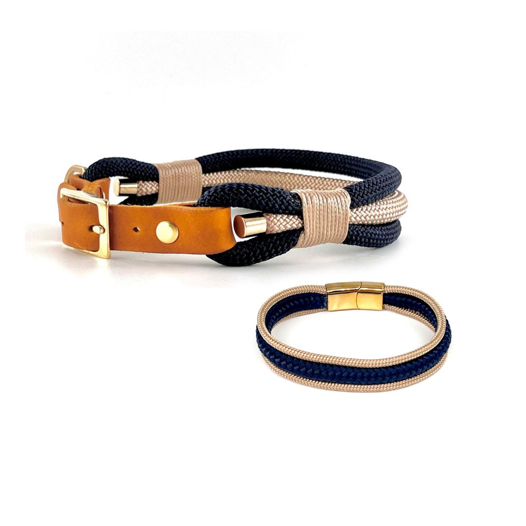 Partnerlook - Seelenband „Nordlicht“ - Halsband und Armband - Dunkelblau-Creme