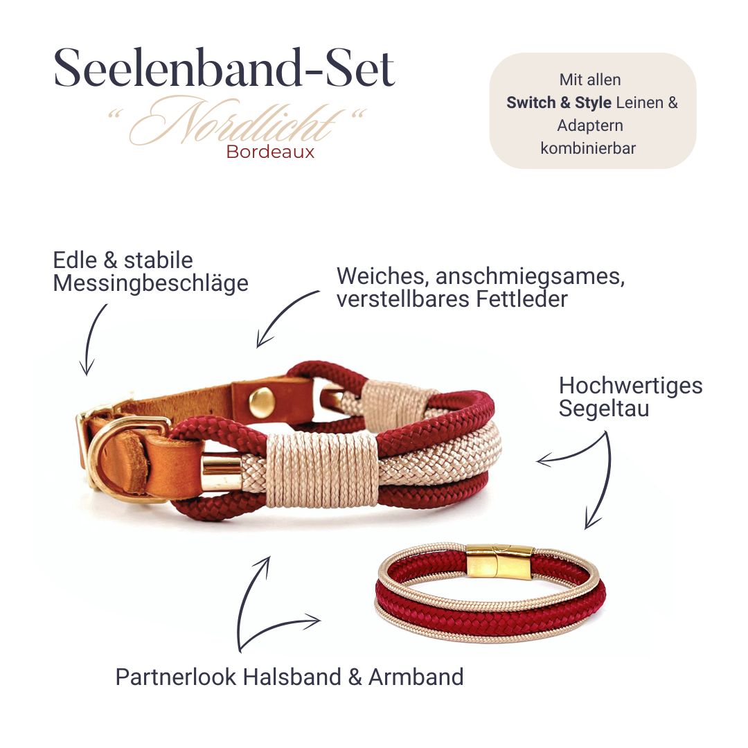 Partnerlook - Seelenband „Nordlicht“ - Halsband und Armband - Bordeaux-Creme