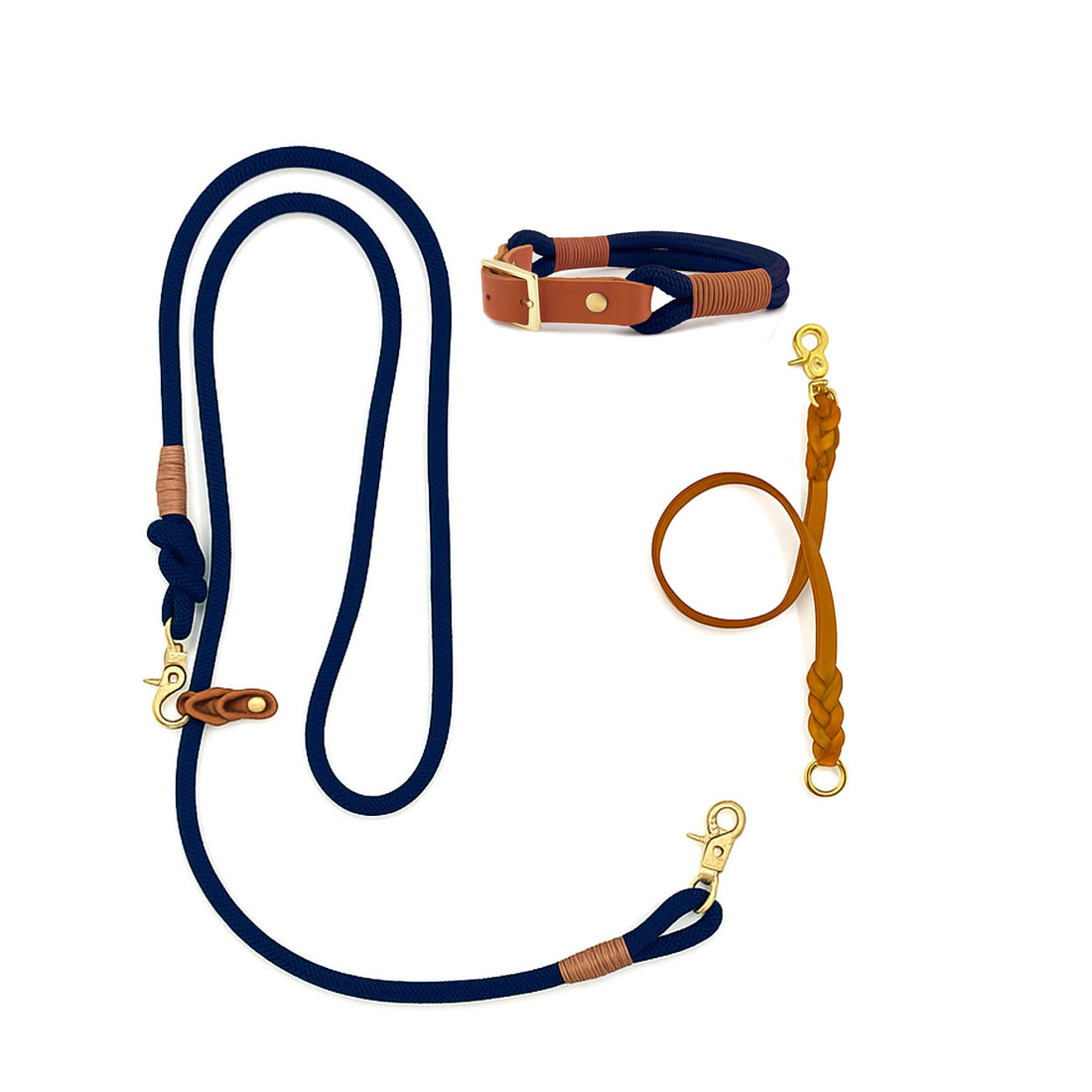 SET - Tauleine und Halsband "Waldgold" | dunkelblau & cognac