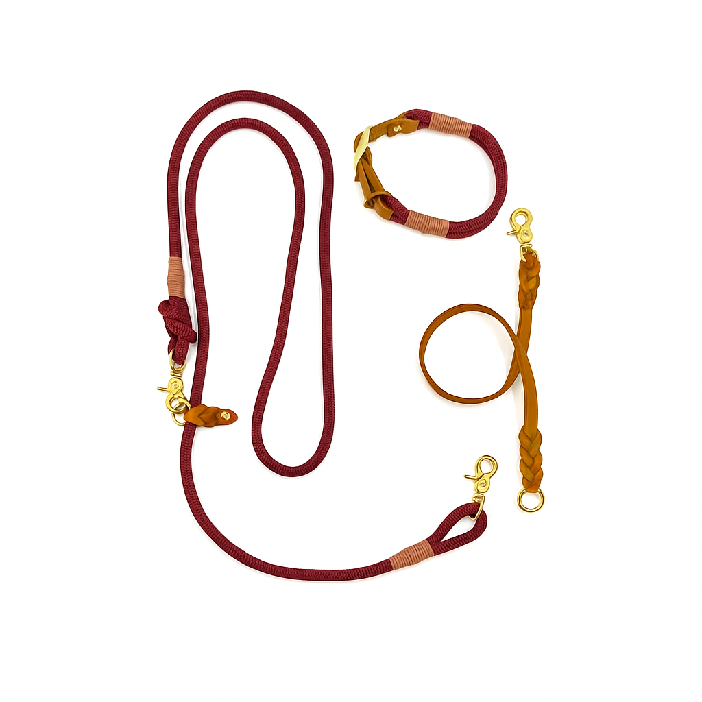 SET - Tauleine und Halsband "Waldgold" | bordeaux & cognac