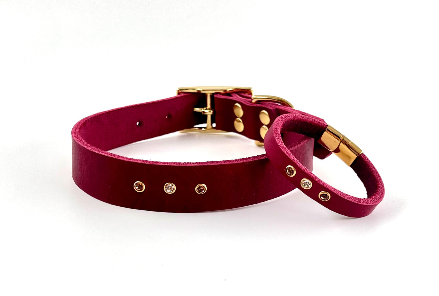 Partnerlook Set - Tova - Bordeaux Leder STRASS - Halsband und Armband