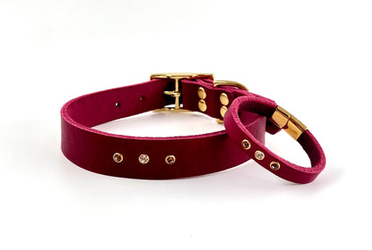 Partnerlook Set - Tova - Bordeaux Leder STRASS - Halsband und Armband