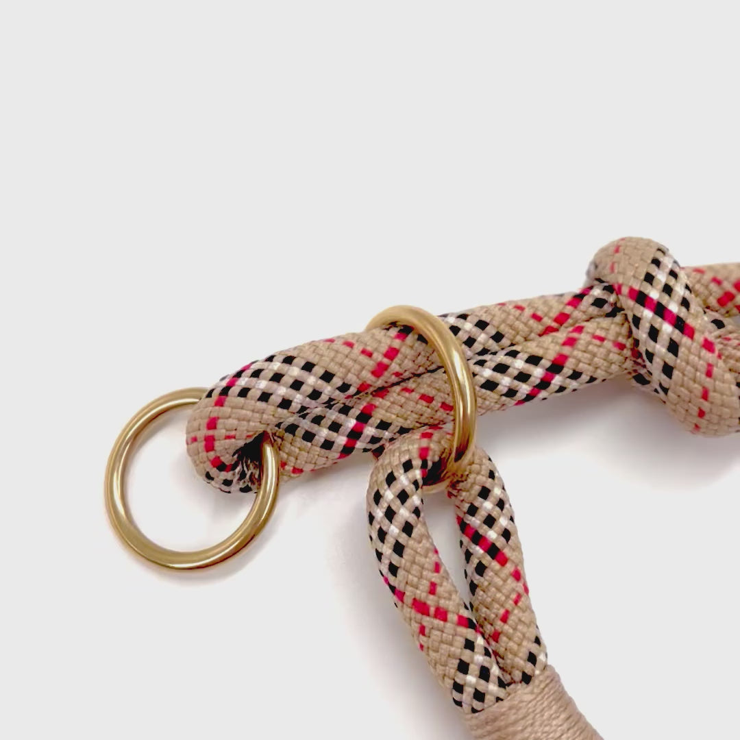 Tau-Zugstopp Halsband &quot;Morgenrot&quot; - creme-schwarz-rot gemustert
